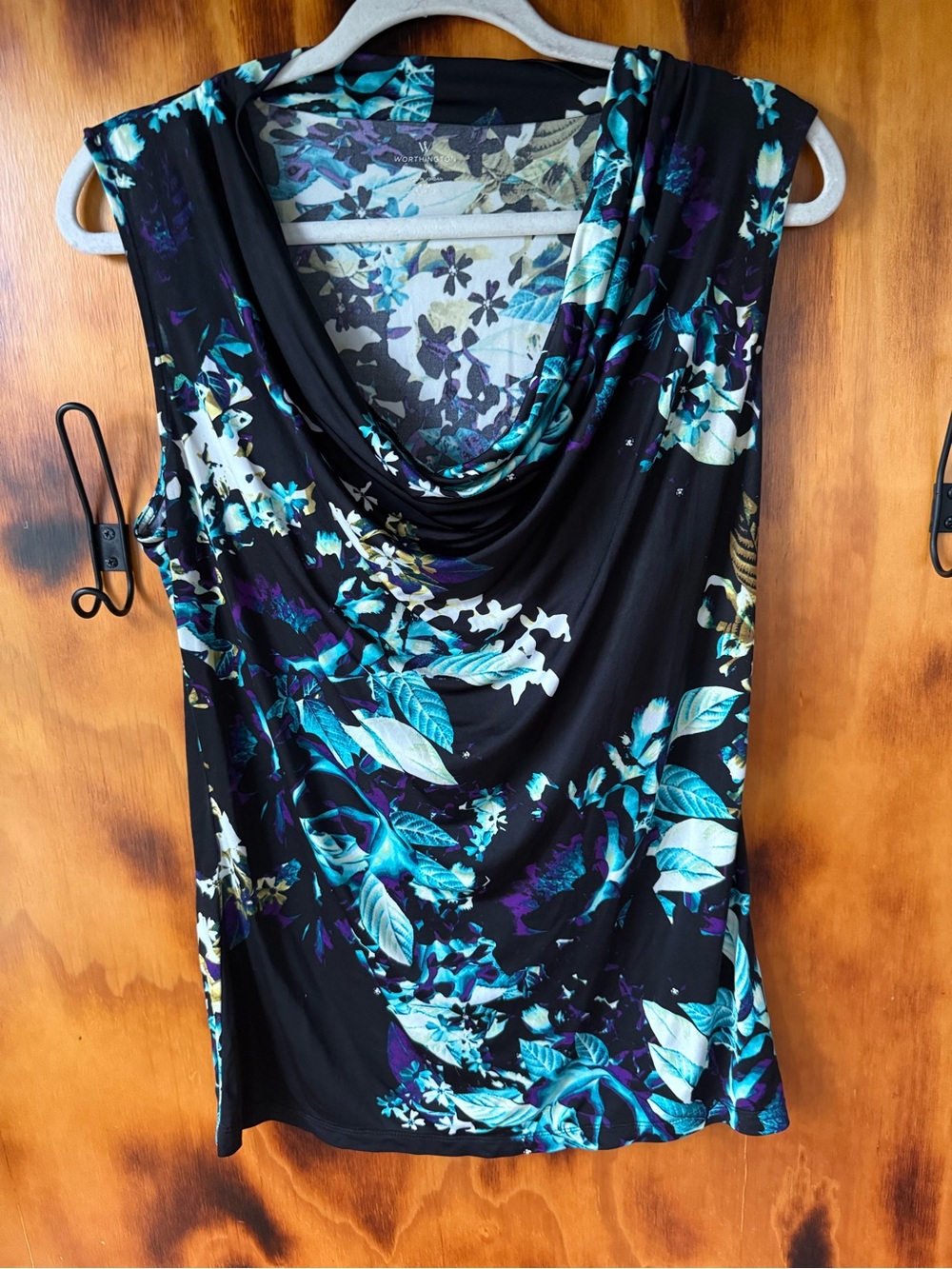 Worthington Black Sleeveless Cowl Neck Top with Teal & Purple Floral Print